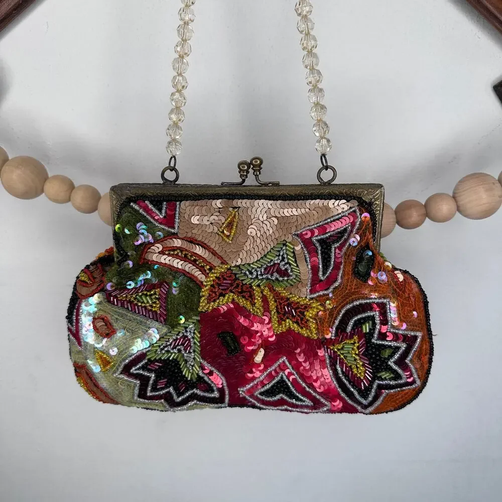 Vintage Bougainvillea Sequined Floral Clutch Metal Clasp Strap Bag